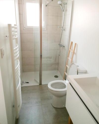 une salle de bain avec une douche, des toilettes et un lavabo dans l'établissement Maison de vacances entre plage et port, à La Chaume