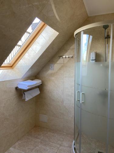 uma casa de banho no sótão com um chuveiro e uma clarabóia em Готель Едем em Hadyach