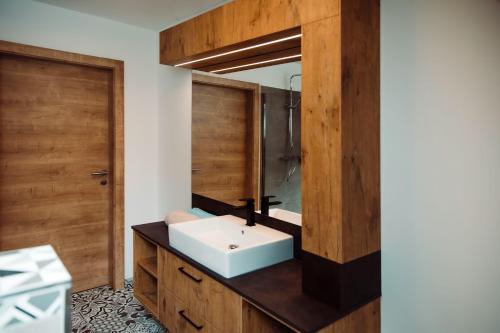 a bathroom with a sink and a mirror at KOASA HOF Bed and Breakfast in Oberhaag