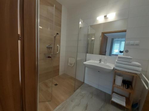 a bathroom with a shower and a sink and a mirror at To Tutaj in Szklarska Poręba