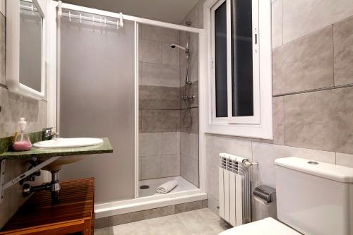 W łazience znajduje się prysznic, umywalka i toaleta. w obiekcie Barcelona Comtal Apartments w Barcelonie