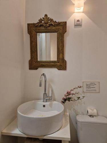 La salle de bains est pourvue d'un lavabo, de toilettes et d'un miroir. dans l'établissement Alixe la styliste, à Talence