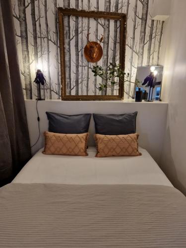 a bed with two pillows and a mirror above it at Albin le musicien in Talence