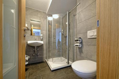 a bathroom with a shower and a toilet and a sink at Hotel 17 Seen in Eggstätt