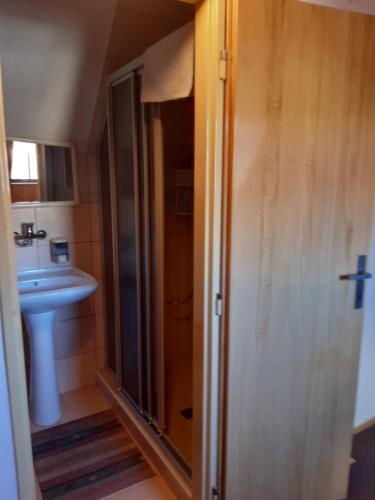 a small bathroom with a sink and a shower at Pension Meandr in Český Krumlov