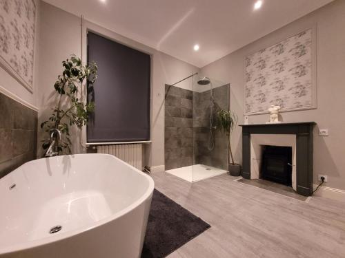 a bathroom with a bath tub and a fireplace at La Houlardais in Soucé