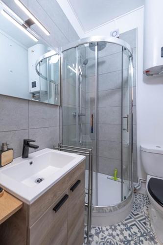 La salle de bains est pourvue d'une douche et d'un lavabo blanc. dans l'établissement Le P'tit Georges, au Tréport