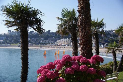 a view of a beach with palm trees and flowers at Appartement Élégant à 2 Pas de la Mer in Perros-Guirec