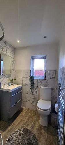 uma casa de banho com um WC, um lavatório e uma janela em The Cornish Getaway em Newquay