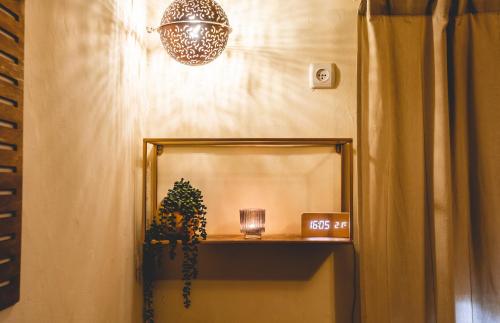 a bathroom with a mirror and a plant on a shelf at Amirey Hagalil Boutique Hotel in Amirim