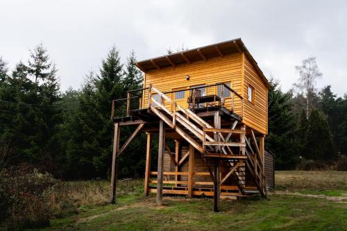 a tree house with a staircase in a field at Tiny House nad Českým rájem in Všelibice