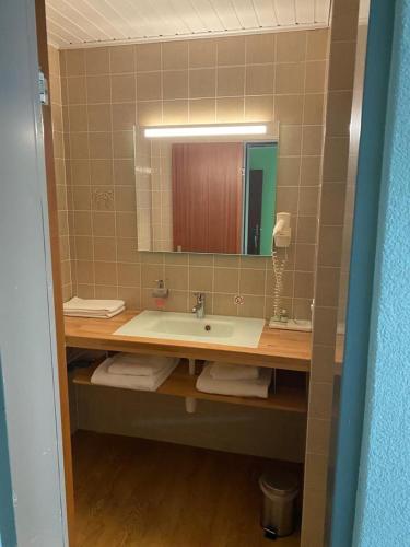 a bathroom with a sink and a mirror at Studios with Kitchenette in Basel