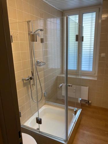 La salle de bains est pourvue d'une baignoire et d'une douche avec une porte en verre. dans l'établissement Studios with Kitchenette, à Bâle