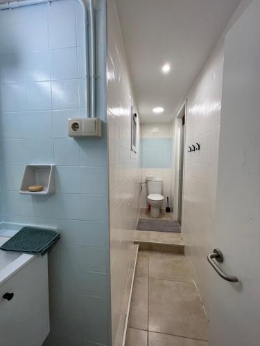 y baño con ducha y aseo. en Precioso apartamento en el centro de Esparreguera, en Esparreguera