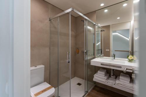 La salle de bains est pourvue d'une douche, de toilettes et d'un lavabo. dans l'établissement APARTAMENTOS TURISTICOS QUINTA LA PLAZA, à Quintanadueñas