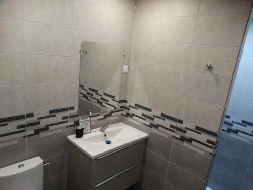 a bathroom with a sink and a mirror at L'estaou in Lavoûte-Chilhac