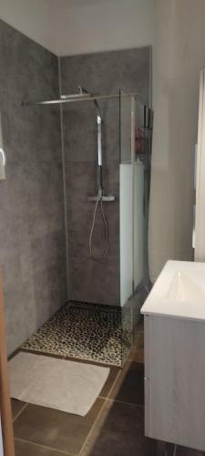La salle de bains est pourvue d'une douche avec une porte en verre. dans l'établissement chez fifi, à Saint-Brévin-les-Pins