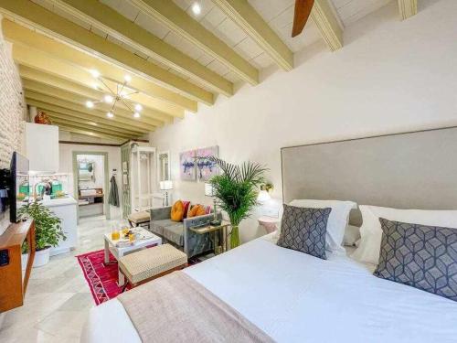 a bedroom with a large bed and a living room at Juderia de Sevilla VI Luxury Apartments in Seville