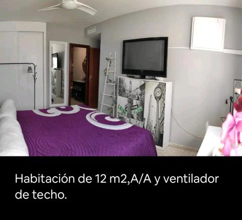 um quarto com uma cama roxa e uma televisão em Habitación suite con baño a pies del río Guadalquivir em Coria del Río