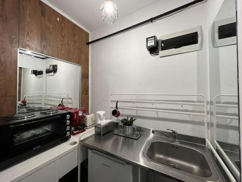 a kitchen with a stainless steel sink and a stove at INC apartment in villa in Bucharest
