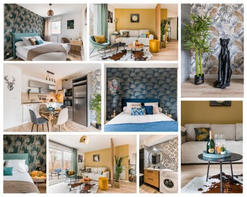 un collage de photos d'une chambre d'hôtel dans l'établissement Le Nouveau Monde - Appartement Chic et Confortable, à Saint-Priest