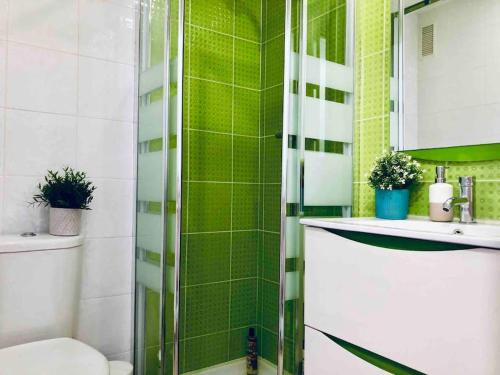 La salle de bains est pourvue de carrelage vert, d'une douche et de toilettes. dans l'établissement Apartamento Gandia muy cerca de playa con piscina, à Playa de Gandia