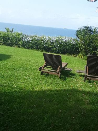 two lounge chairs sitting in the grass near the ocean at Burnham House B&B in Durban