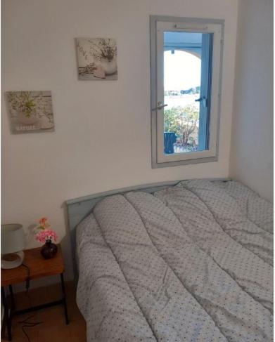 une chambre avec un lit et une fenêtre dans l'établissement Appartement avec jardin, vue sur étang , proximité mer Gruissan Ayguades, à Gruissan