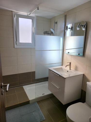 a bathroom with a shower and a sink and a toilet at Takelena Apartments in Limassol