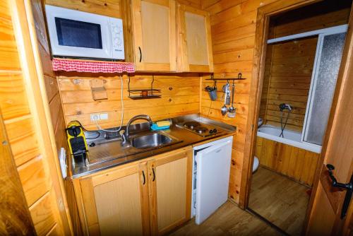 una pequeña cocina con fregadero y microondas en Casas Rurales San Justo, en San Justo