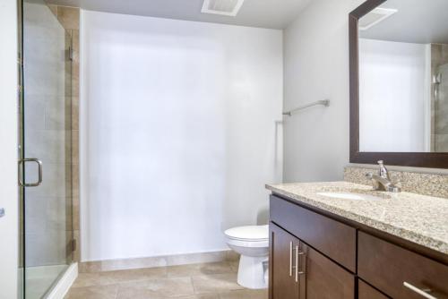 a bathroom with a toilet and a sink and a mirror at LoDo 1BR w WD Pool Gym nr Union Station DEN-152 in Denver