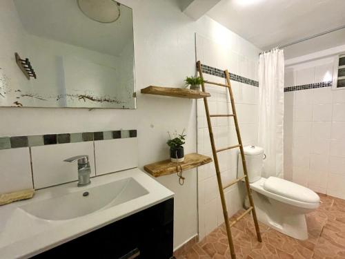 a bathroom with a sink and a toilet and a ladder at plage et spot de surf in Le Gosier