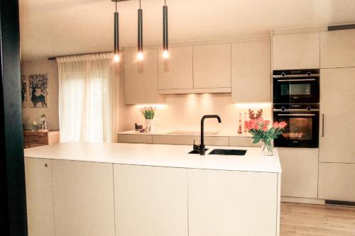 a kitchen with white cabinets and a sink at Villa de la Sablière in Amougies