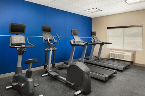 a gym with cardio equipment in a blue wall at Holiday Inn Express and Suites Wheeling by IHG in Triadelphia