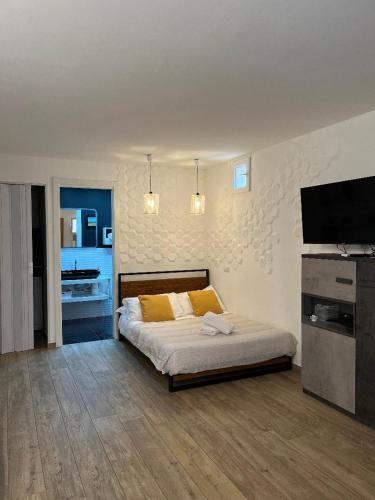 1 dormitorio con 1 cama y TV de pantalla plana en Monolocale 1 Puntone Scarlino, en Puntone di Scarlino
