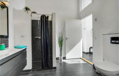 uma casa de banho com um chuveiro, um WC e um lavatório. em Cozy Home In Sby With House Sea View em Sæby