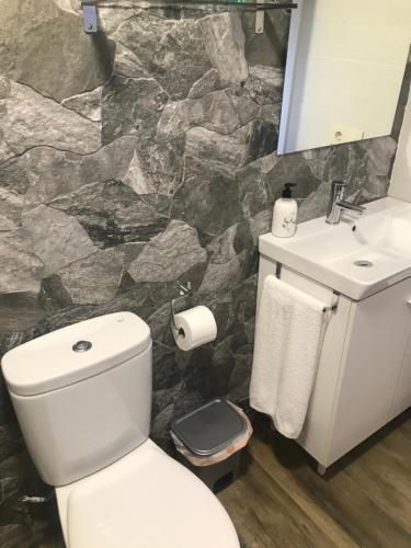 a bathroom with a toilet and a sink and a rock wall at Casa Rural Villa María in Navahermosa