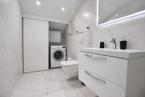 a bathroom with a toilet and a washing machine at Apartment Dora in Primošten