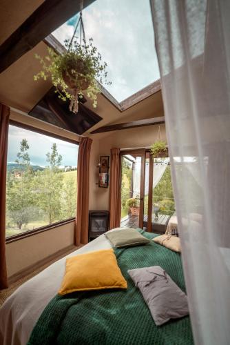 a bedroom with a bed and a large window at Tripsylvania Tiny House Kili in Şirnea