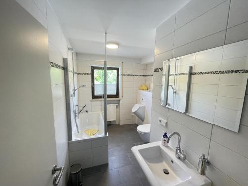 een witte badkamer met een wastafel en een toilet bij Ferienwohnung Antonia am Staufenpark in Oberstaufen