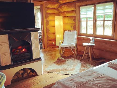a living room with a fireplace in a log cabin at Hotel Gut Schöneworth in Freiburg - Elbe