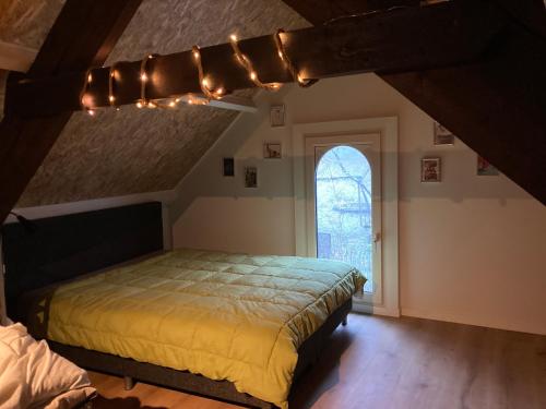 Un dormitorio con una cama con luces. en Domaine Lamoriniere - Kalmthoutse Heide & Brabantse Wal, en Putte