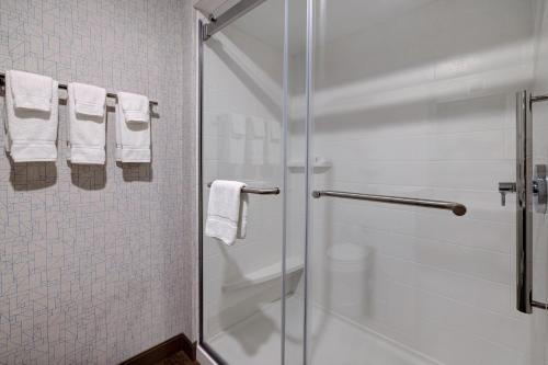 a bathroom with a shower and a glass shower stall at Holiday Inn Express & Suites - Ann Arbor - University South by IHG in Ann Arbor