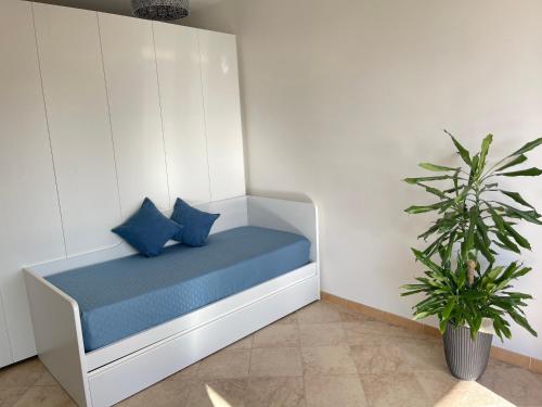 a bench with blue pillows and a potted plant at GIOIA'S HOUSE in Custonaci