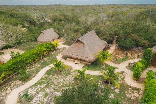 an aerial view of a group of huts at Destino Mío Mayan Jungle Retreat in Tekit