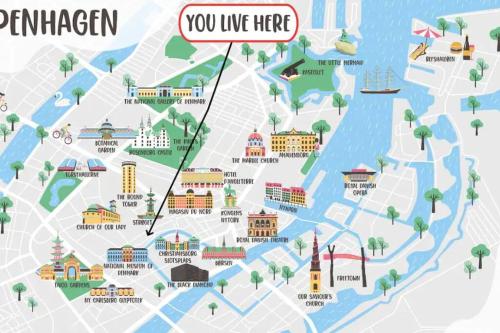 a map of the city of philadelphia with the words you live here at Stylish Apartment in Heart of CPH near Strøget & the Canals in Copenhagen