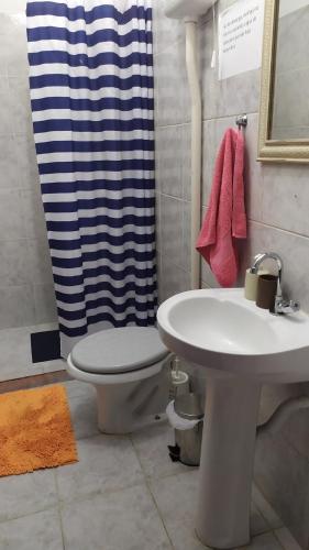 a bathroom with a sink and a toilet and a shower at 3 Kitnets in Rio das Ostras
