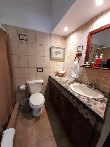 a bathroom with a toilet and a sink at Hotel y Jardines Casa Búho in Antigua Guatemala