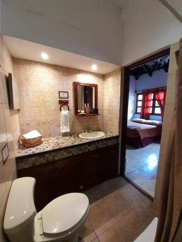 W łazience znajduje się toaleta, umywalka i lustro. w obiekcie Hotel Casa Búho B&B w mieście Antigua Guatemala