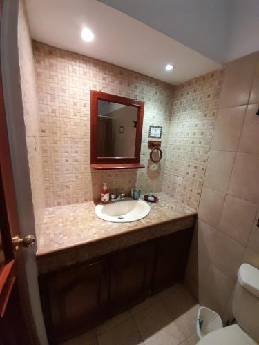 a bathroom with a sink and a mirror at Hotel y Jardines Casa Búho in Antigua Guatemala